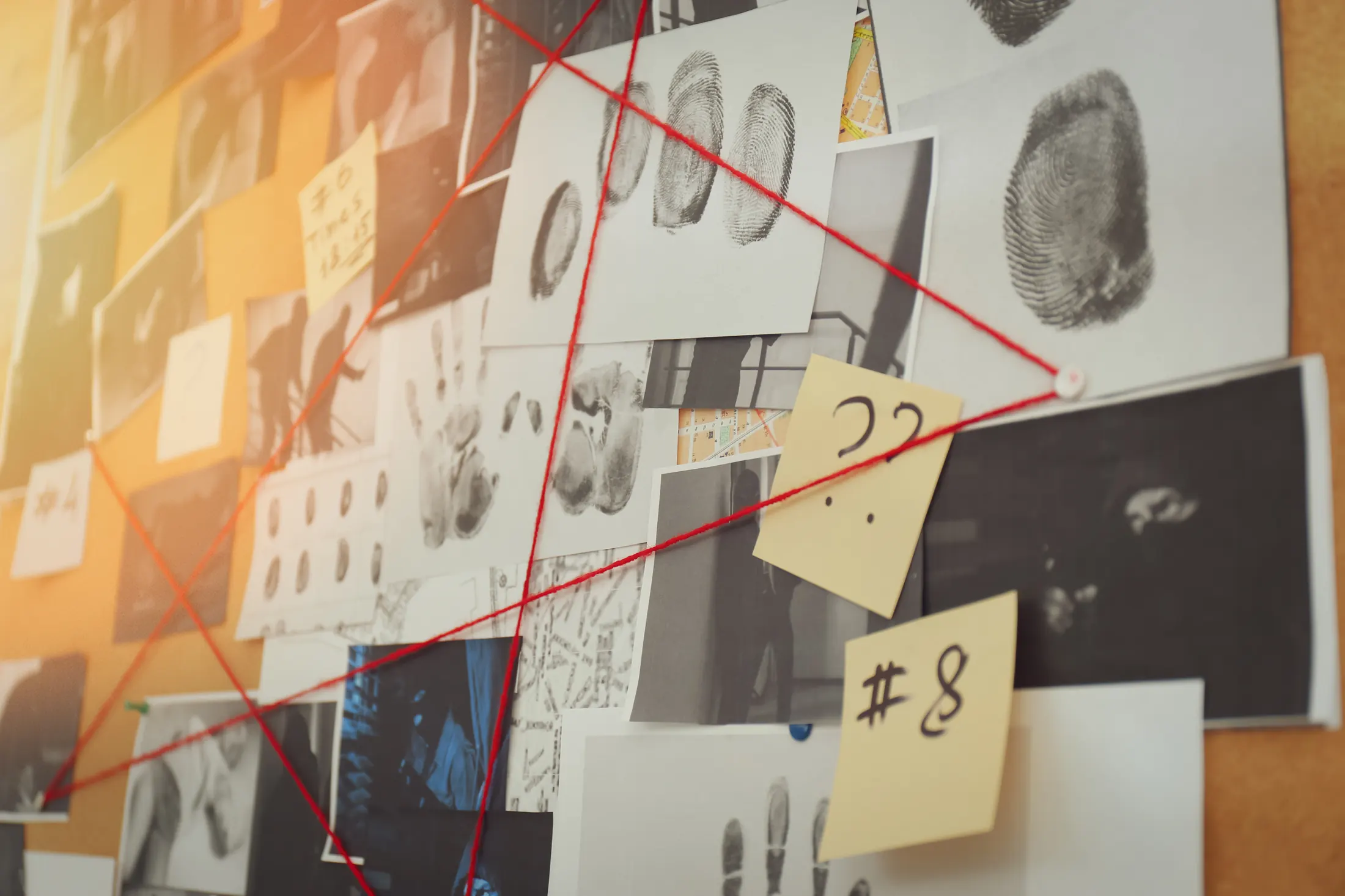 An investigation board covered in fingerprint cards and photographs connected by red string